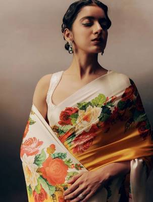 Yellow floral satin designer saree 2