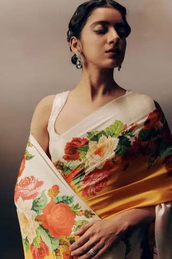 Yellow floral satin designer saree
