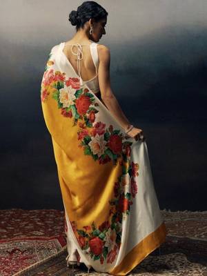 Yellow floral satin designer saree 3