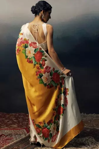 Yellow floral satin designer saree