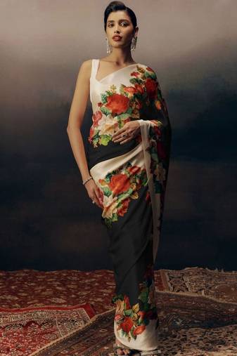 Multicolor floral satin designer saree