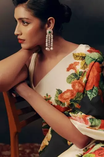 Multicolor floral satin designer saree