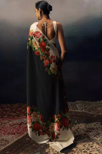Multicolor floral satin designer saree