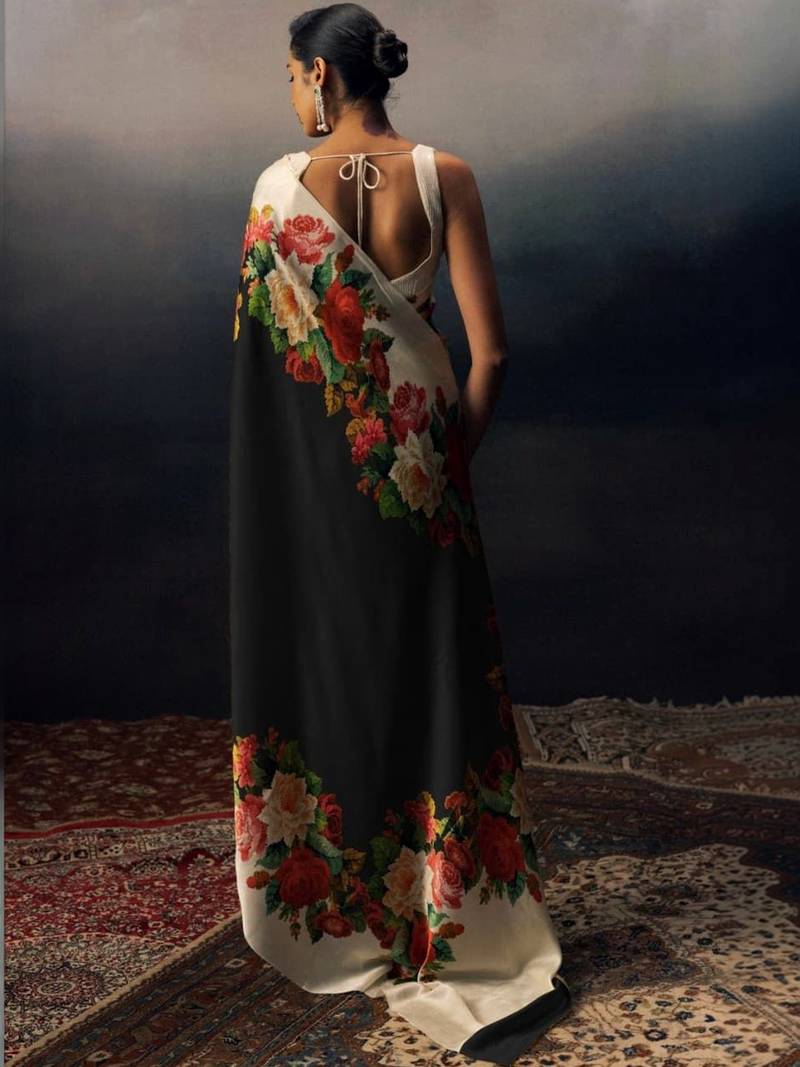 Multicolor floral satin designer saree