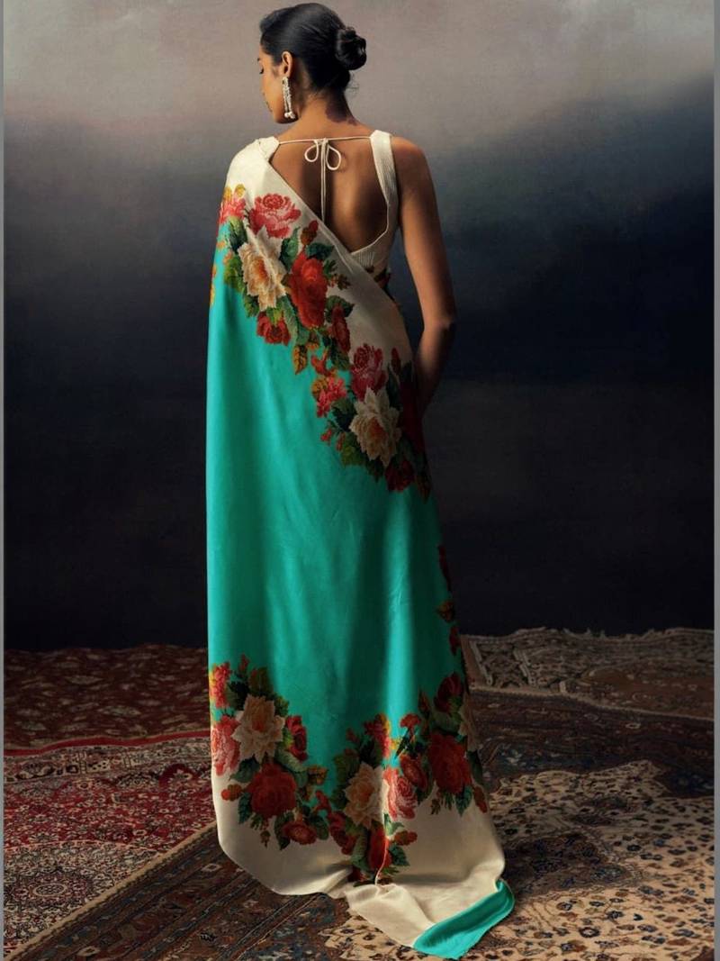 Multicolor floral satin saree