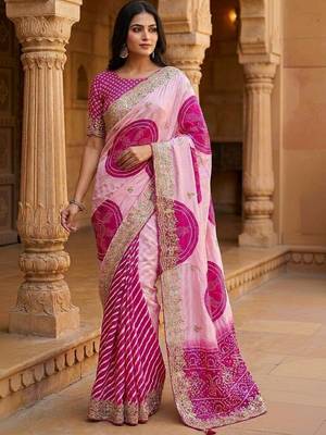 Pink bandhani embroidered silk blend heavy work saree 1