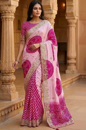 Pink bandhani embroidered silk blend heavy work saree