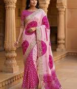 Pink bandhani embroidered silk blend heavy work saree