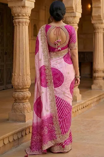 Pink bandhani embroidered silk blend heavy work saree