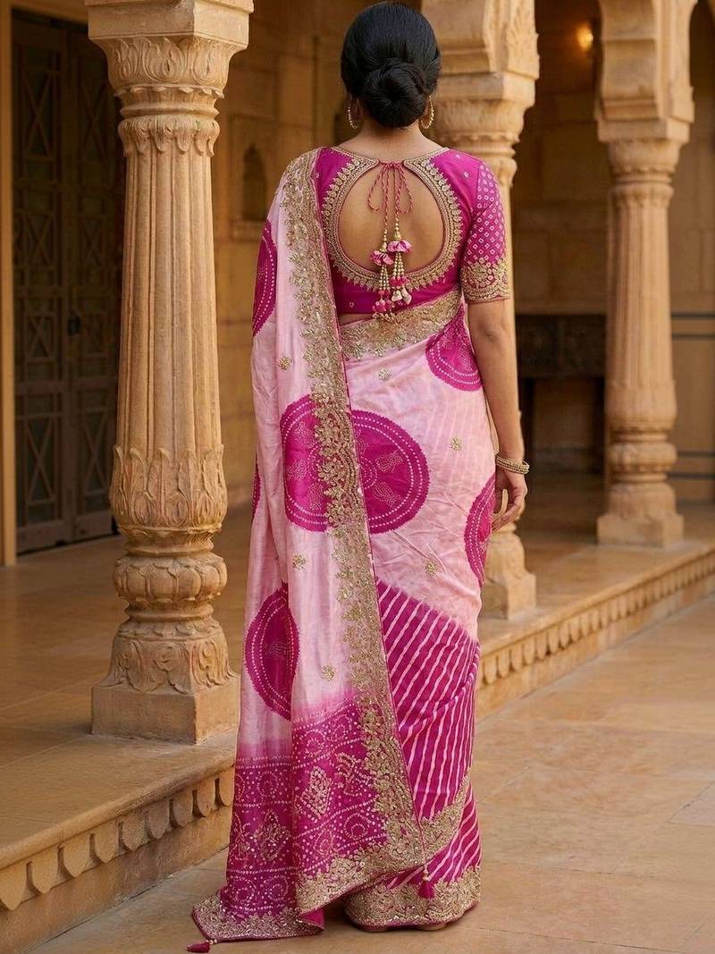 Pink bandhani embroidered silk blend heavy work saree