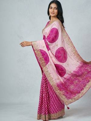 Pink bandhani embroidered silk blend heavy work saree 3