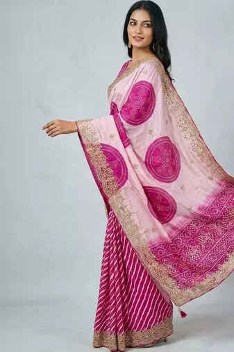 Pink bandhani embroidered silk blend heavy work saree
