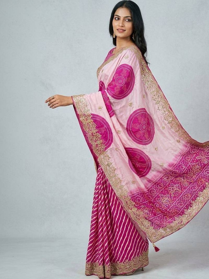 Pink bandhani embroidered silk blend heavy work saree