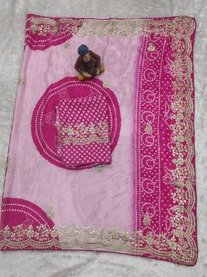 Pink bandhani embroidered silk blend heavy work saree 4