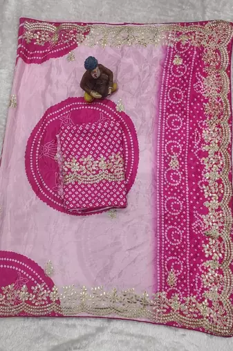 Pink bandhani embroidered silk blend heavy work saree