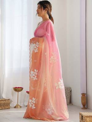 Pink floral embroidered saree with blouse 2