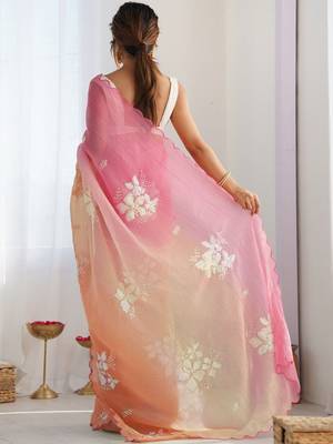 Pink floral embroidered saree with blouse 3