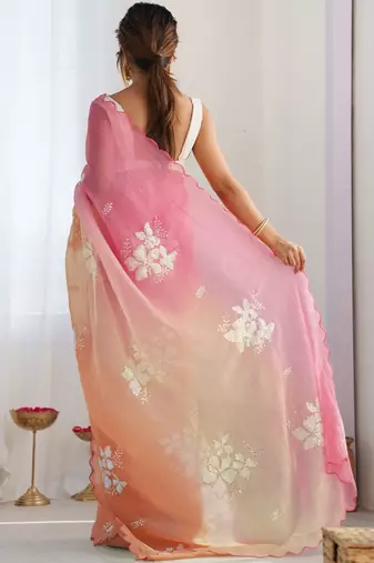 Pink floral embroidered saree with blouse
