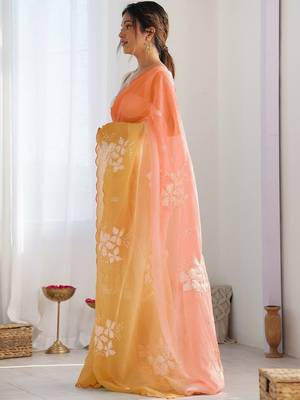 Yellow floral embroidered saree with unstitched blouse piece 2