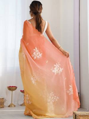 Yellow floral embroidered saree with unstitched blouse piece 3