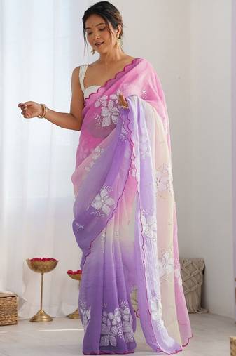 Pink floral embroidered saree with unstitched blouse piece