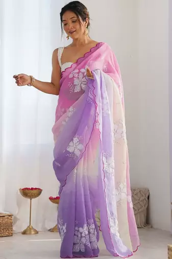 Pink floral embroidered saree with unstitched blouse piece