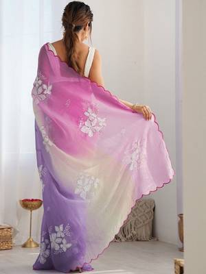 Pink floral embroidered saree with unstitched blouse piece 3