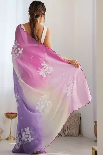 Pink floral embroidered saree with unstitched blouse piece