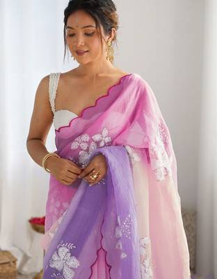 Pink floral embroidered saree with unstitched blouse piece 4