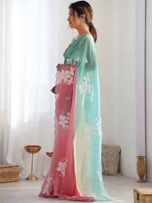 Peach floral embroidered silk blend saree 2