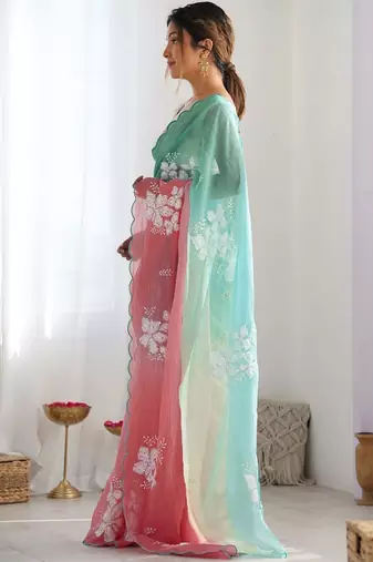 Peach floral embroidered silk blend saree