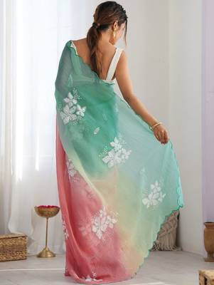 Peach floral embroidered silk blend saree 3