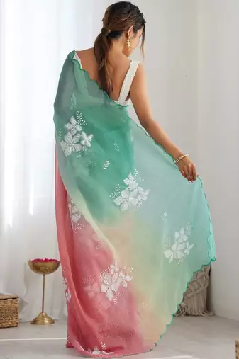 Peach floral embroidered silk blend saree