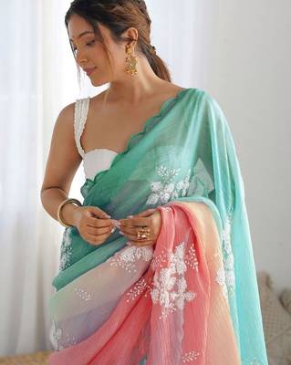 Peach floral embroidered silk blend saree 4
