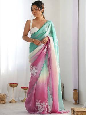 White floral embroidered saree with unstitched blouse piece 1