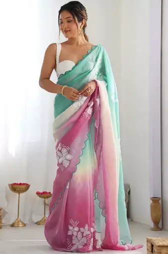 White floral embroidered saree with unstitched blouse piece