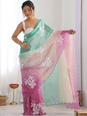 White floral embroidered saree with unstitched blouse piece 2