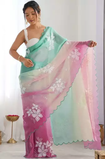 White floral embroidered saree with unstitched blouse piece