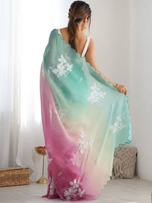 White floral embroidered saree with unstitched blouse piece 3