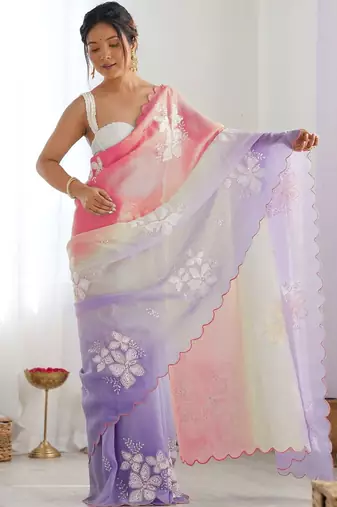 Multicolor floral embroidered silk blend saree