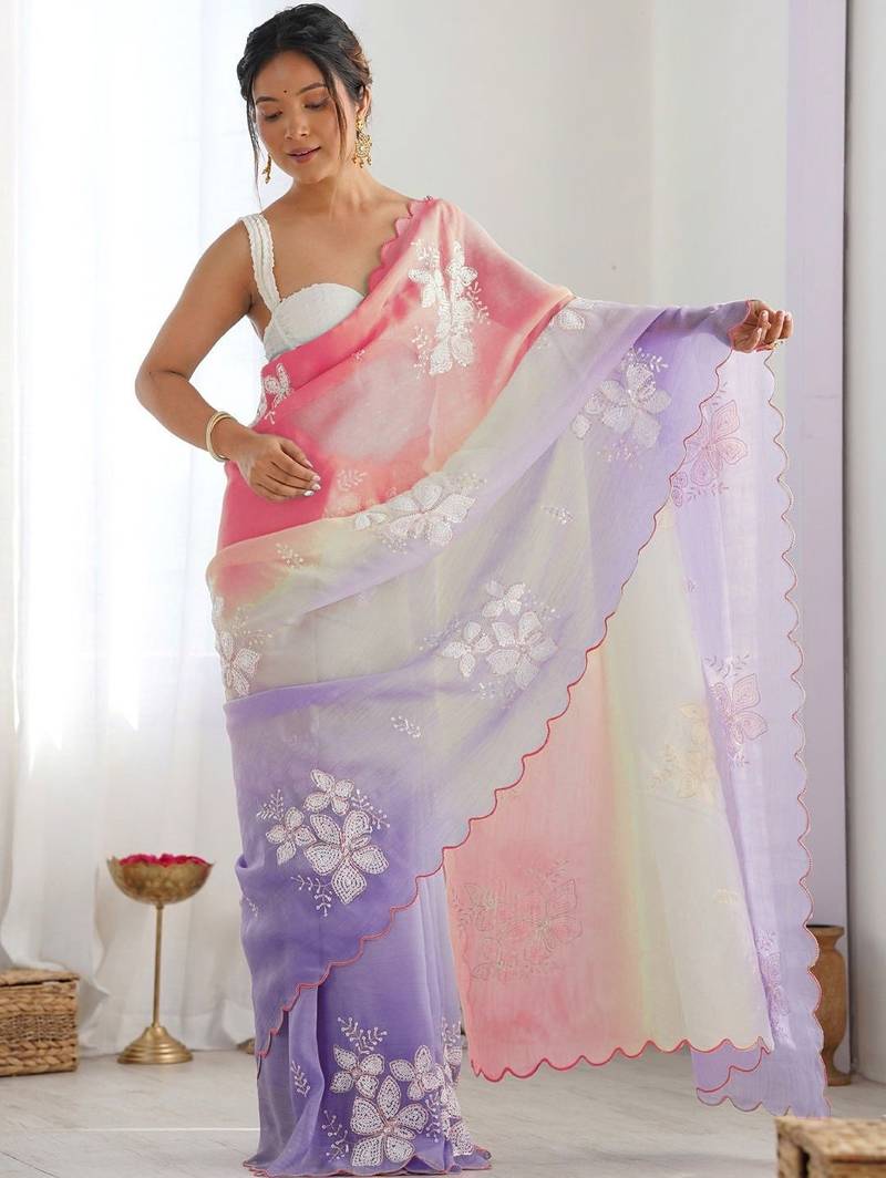 Multicolor floral embroidered silk blend saree