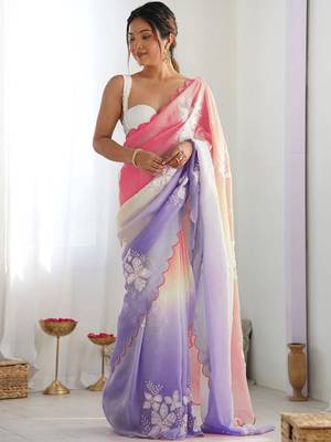 Multicolor floral embroidered silk blend saree 2