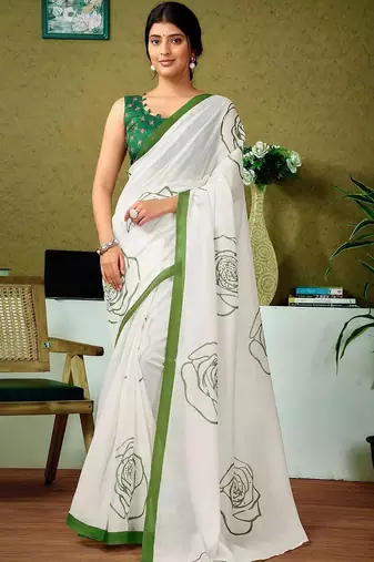 White floral pure cotton saree
