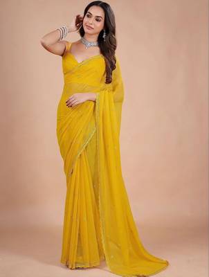 Yellow embellished zari pure chiffon heavy work saree 1