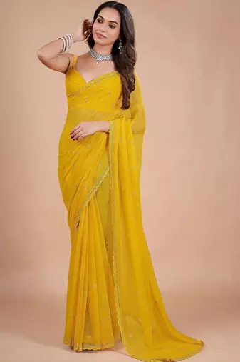 Yellow embellished zari pure chiffon heavy work saree