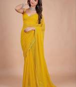 Yellow embellished zari pure chiffon heavy work saree