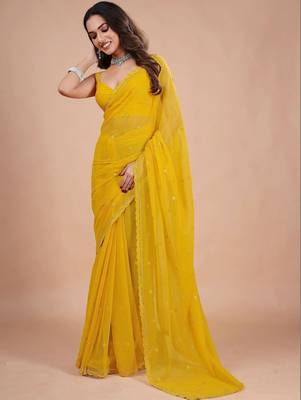 Yellow embellished zari pure chiffon heavy work saree 2