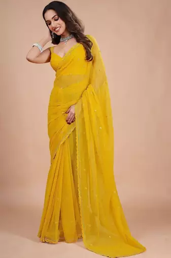 Yellow embellished zari pure chiffon heavy work saree
