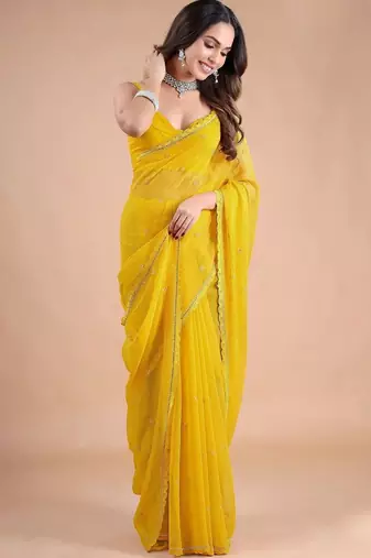 Yellow embellished zari pure chiffon heavy work saree