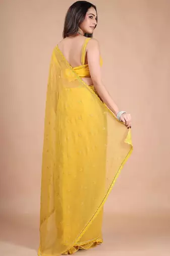 Yellow embellished zari pure chiffon heavy work saree